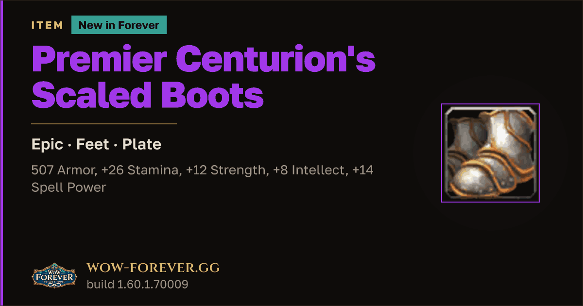 The preview card for Premier Centurion's Scaled Boots - Epic Plate Feet