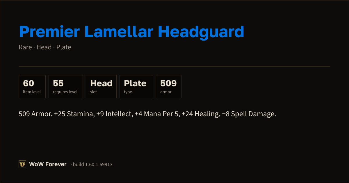 The preview card for Premier Lamellar Headguard - Rare Plate Head