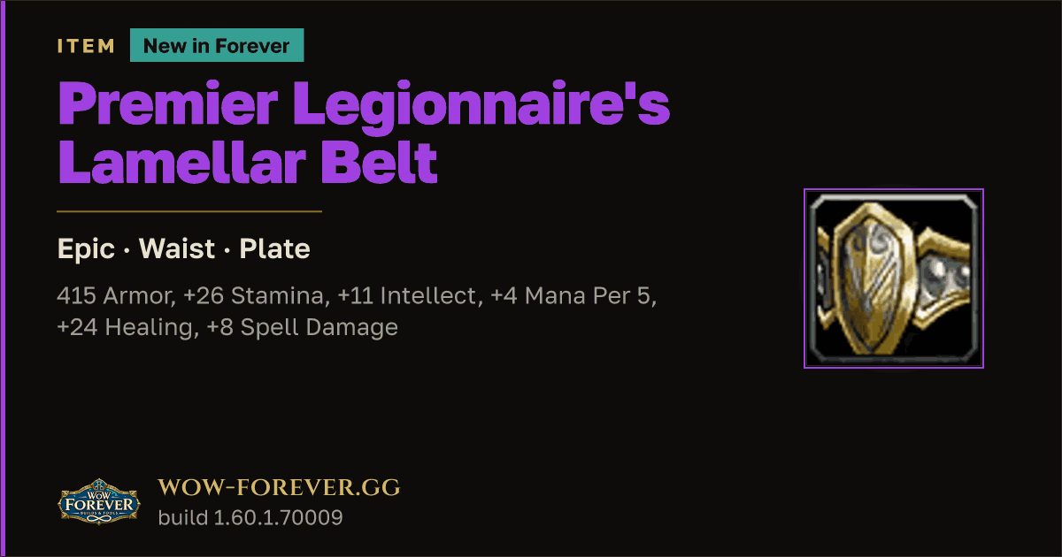 The preview card for Premier Legionnaire's Lamellar Belt - WoW Forever Item