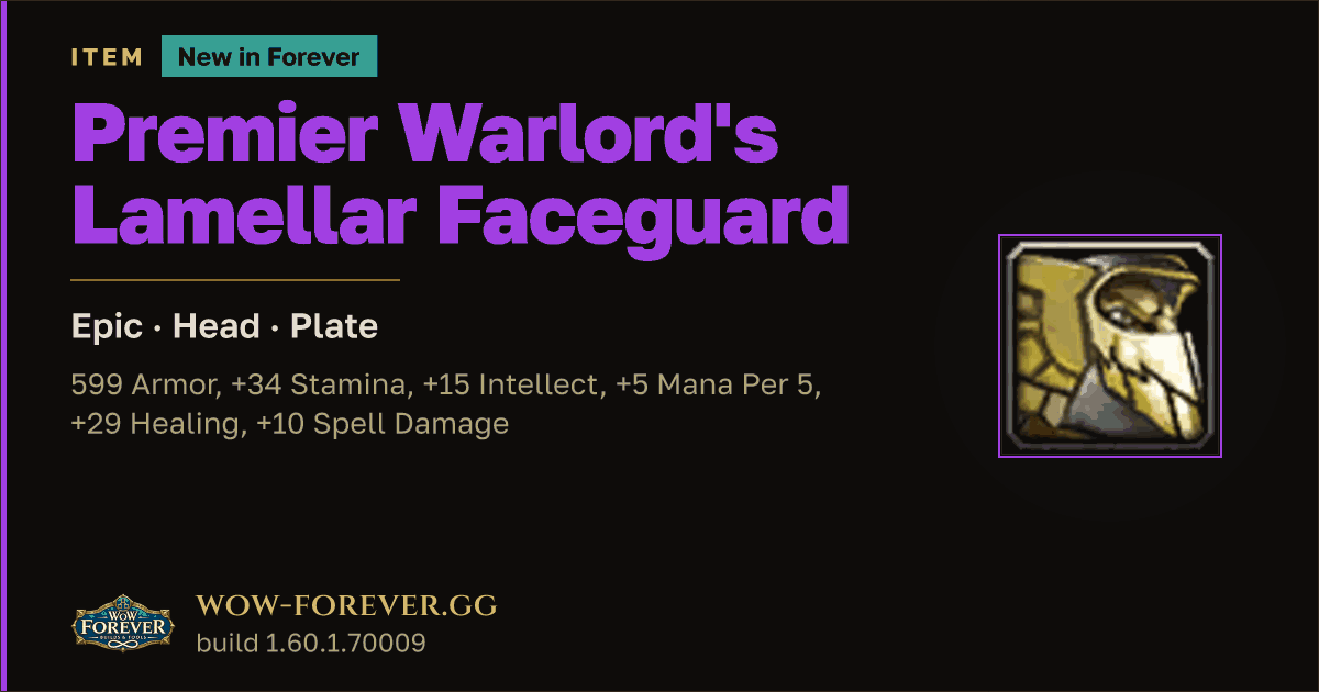 The preview card for Premier Warlord's Lamellar Faceguard - WoW Forever Item