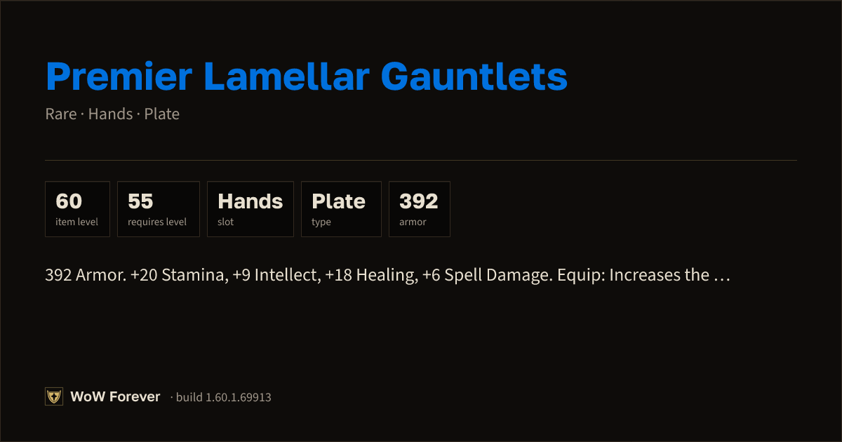 The preview card for Premier Lamellar Gauntlets - Rare Plate Hands