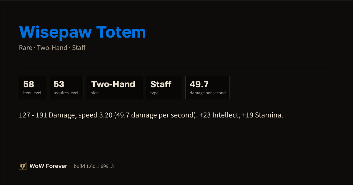 The preview card for Wisepaw Totem - Rare Two-Hand Staff, Item Level 58