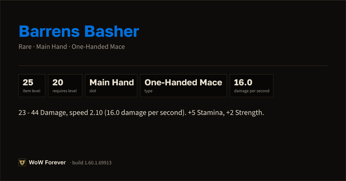 The preview card for Barrens Basher - Rare Main-Hand Mace, Item Level 25