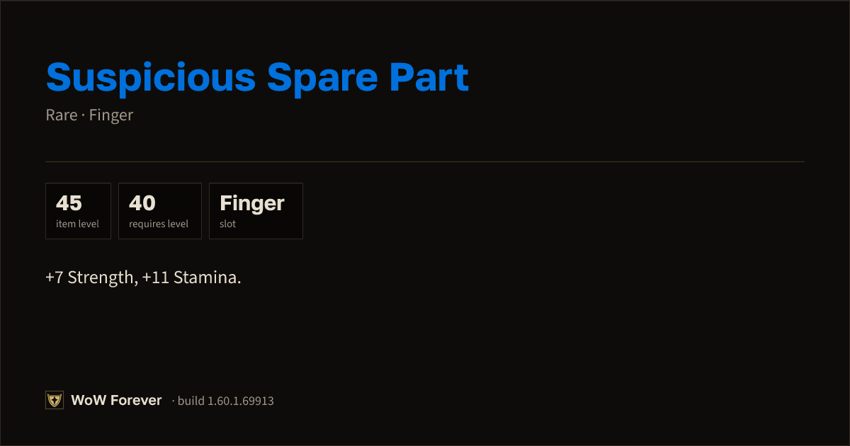 The preview card for Suspicious Spare Part - Rare Ring, Item Level 45