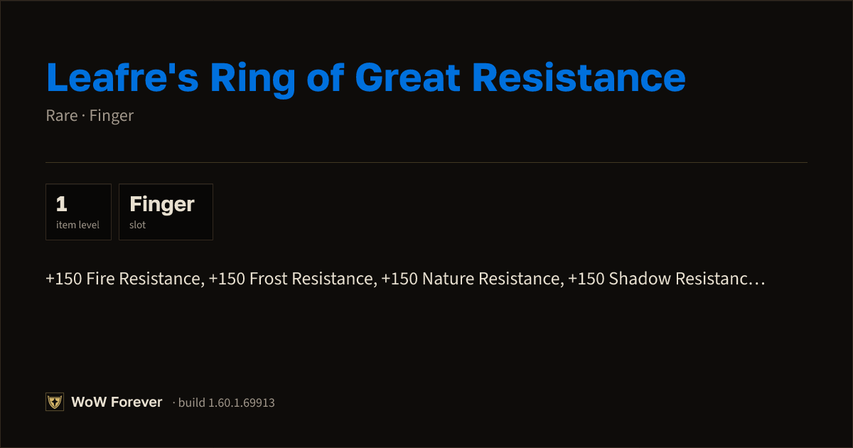 The preview card for Leafre's Ring of Great Resistance - Rare Ring