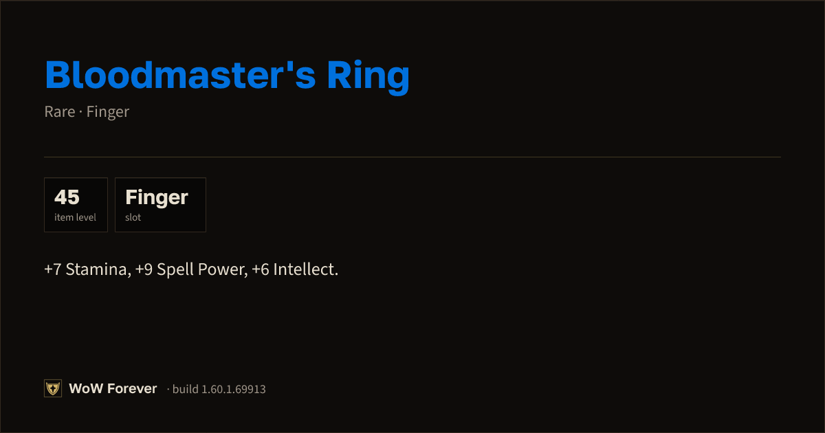 The preview card for Bloodmaster's Ring - Rare Ring, Item Level 45