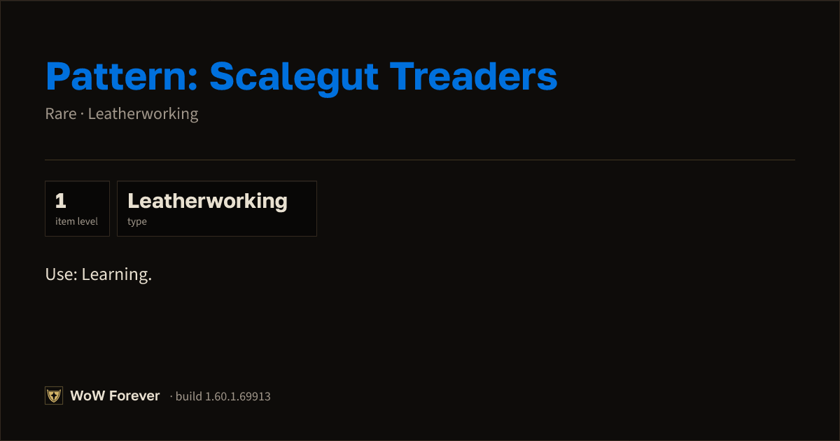 The preview card for Pattern: Scalegut Treaders - WoW Forever Item