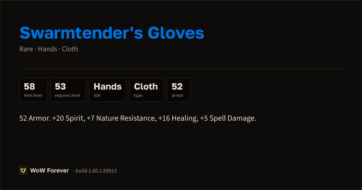 The preview card for Swarmtender's Gloves - Rare Cloth Hands