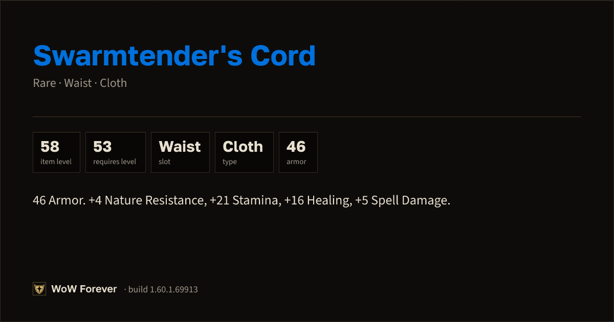 The preview card for Swarmtender's Cord - Rare Cloth Waist