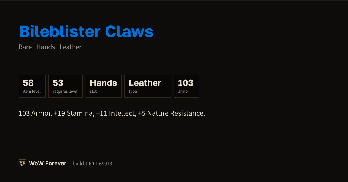The preview card for Bileblister Claws - Rare Leather Hands
