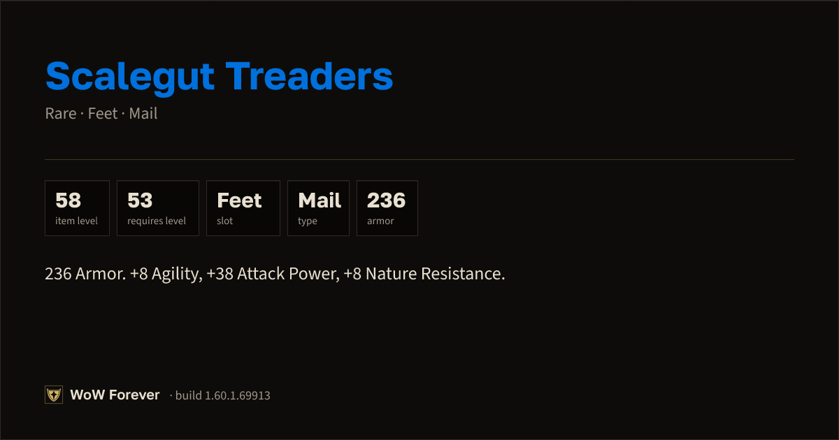 The preview card for Scalegut Treaders - Rare Mail Feet, Item Level 58
