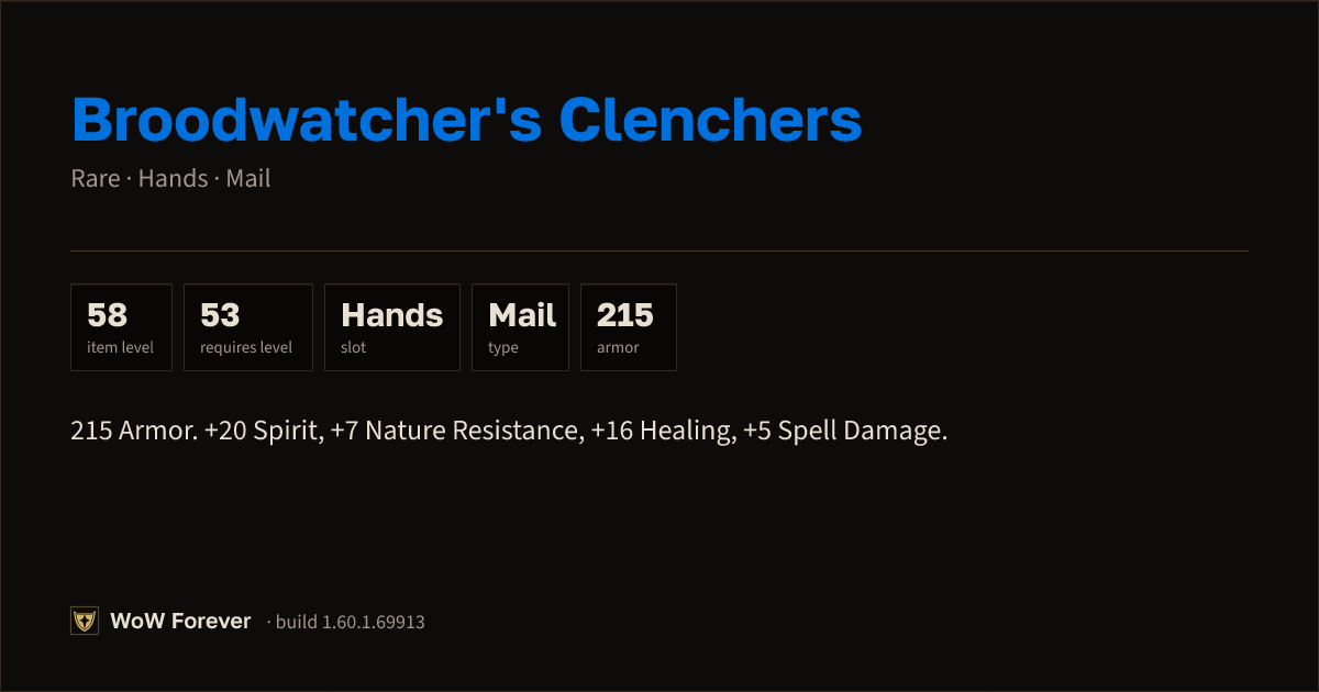 The preview card for Broodwatcher's Clenchers - Rare Mail Hands