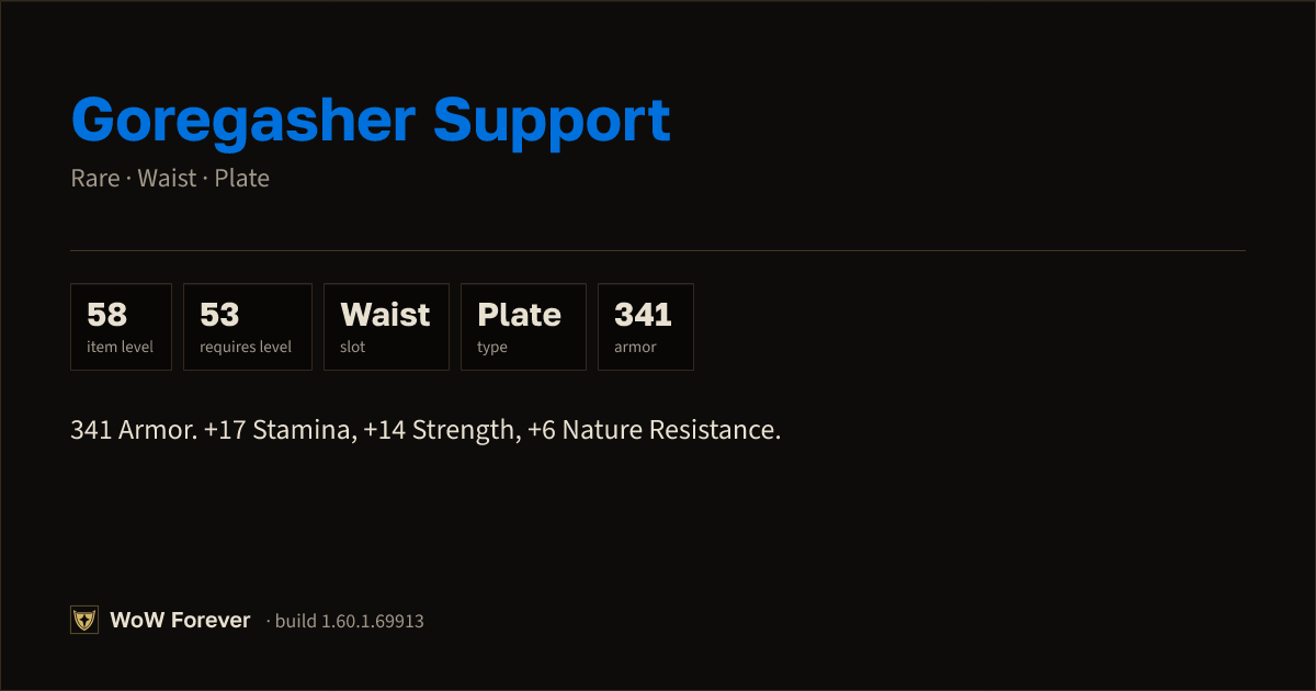 The preview card for Goregasher Support - Rare Plate Waist