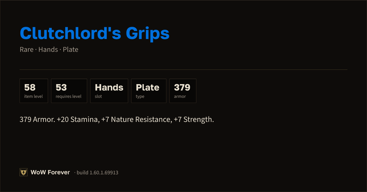 The preview card for Clutchlord's Grips - Rare Plate Hands