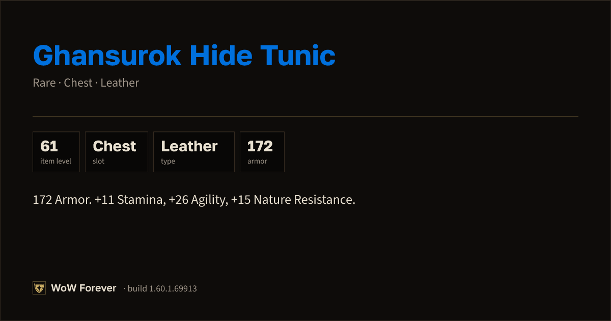 The preview card for Ghansurok Hide Tunic - Rare Leather Chest