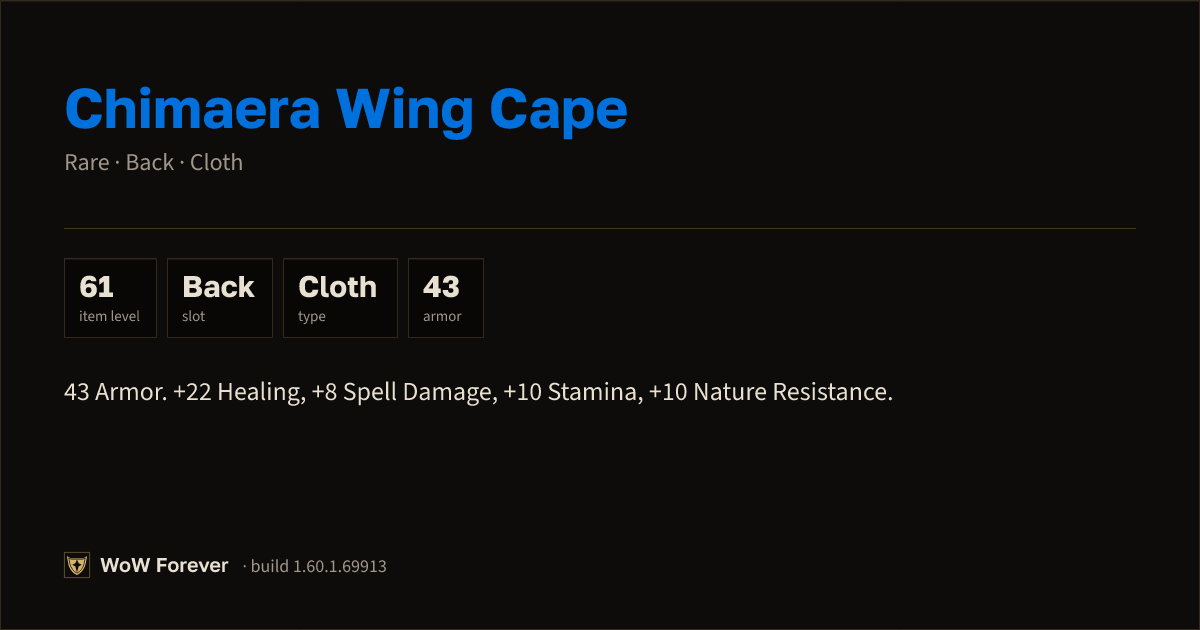 The preview card for Chimaera Wing Cape - Rare Cloak, Item Level 61
