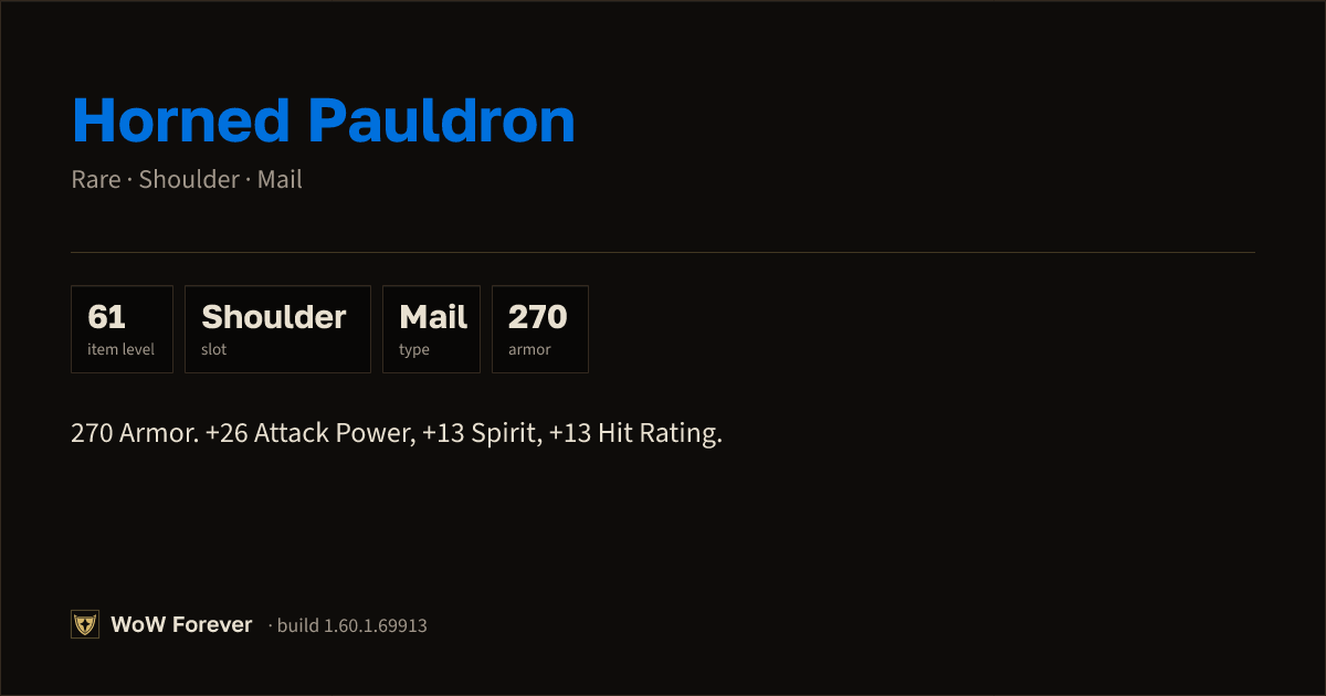 The preview card for Horned Pauldron - Rare Mail Shoulder, Item Level 61