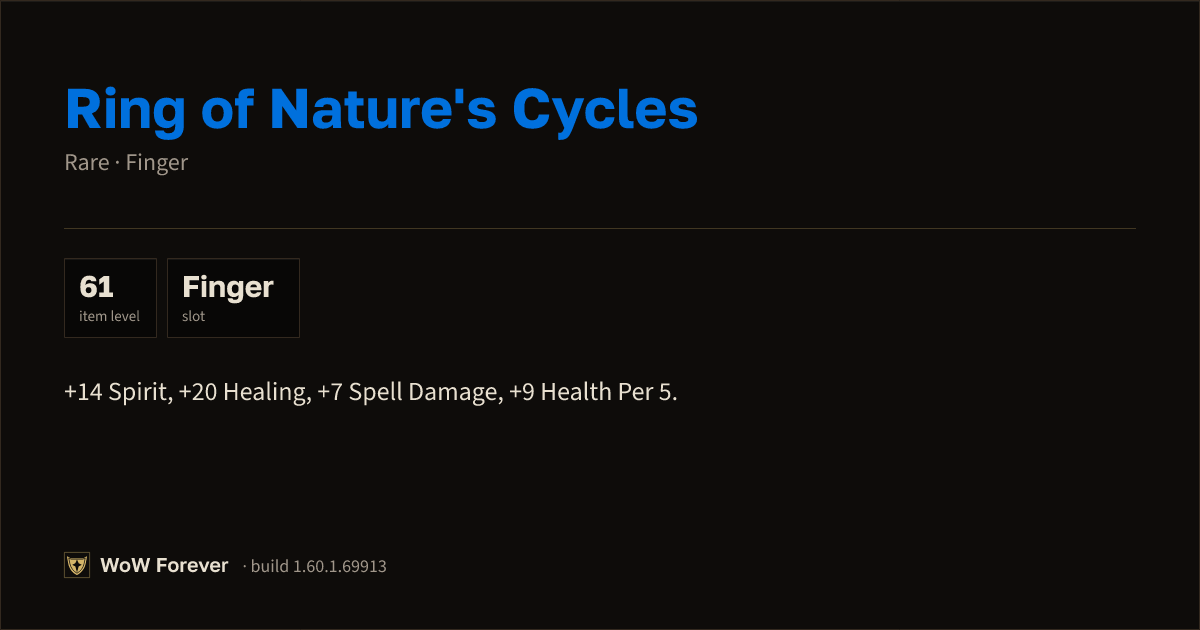 The preview card for Ring of Nature's Cycles - Rare Ring, Item Level 61