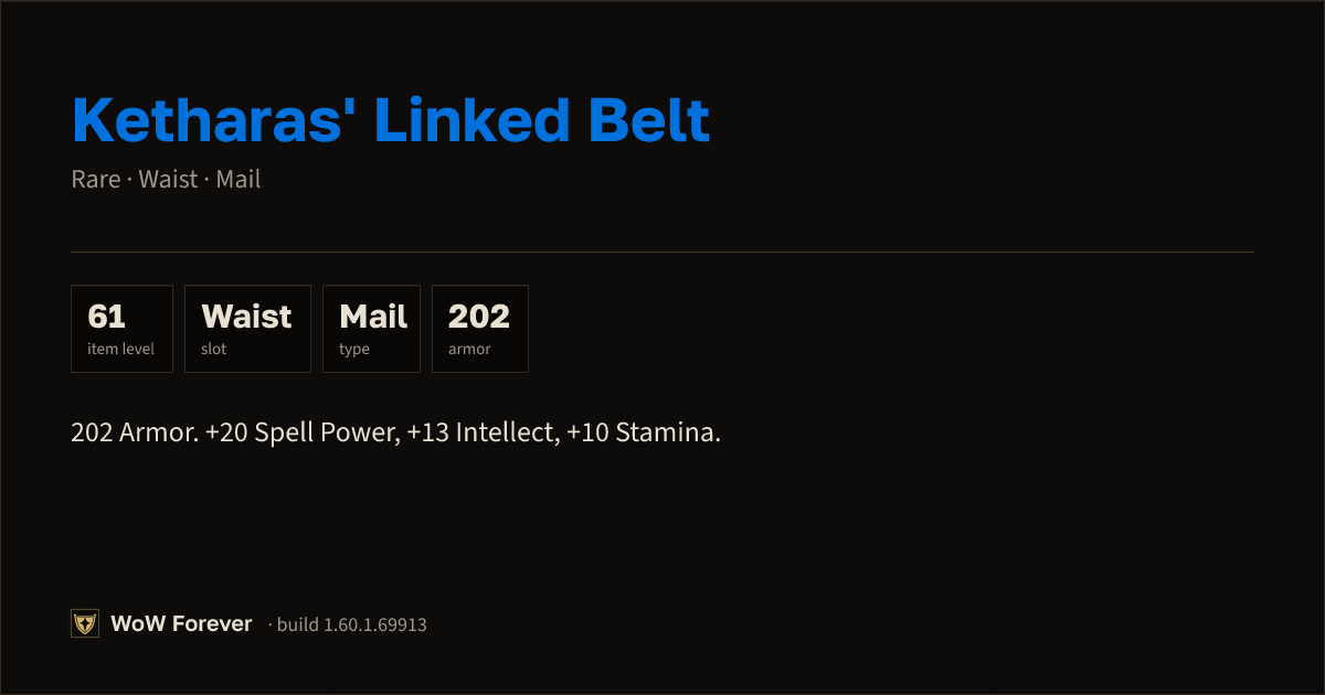 The preview card for Ketharas' Linked Belt - Rare Mail Waist