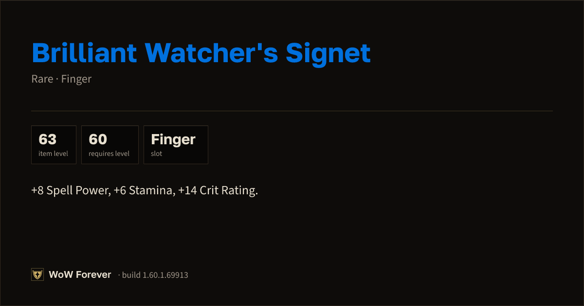 The preview card for Brilliant Watcher's Signet (Item level 63)