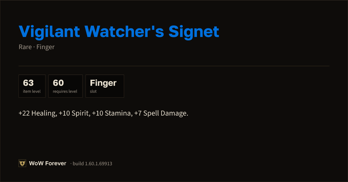 The preview card for Vigilant Watcher's Signet (Item level 63)
