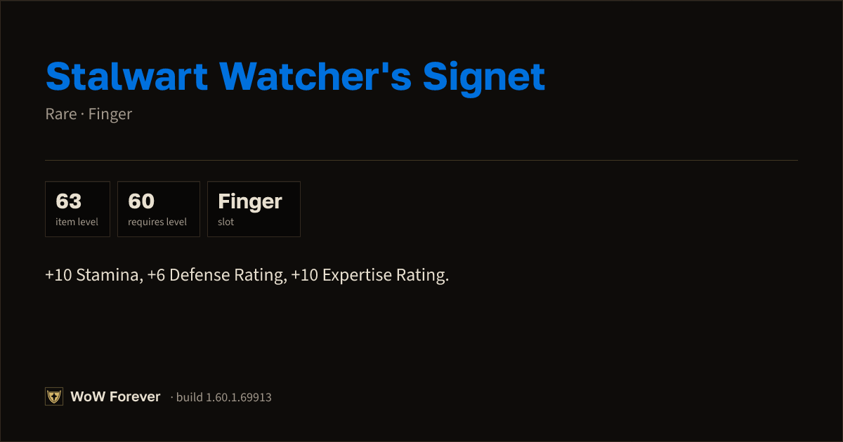 The preview card for Stalwart Watcher's Signet (Item level 63)