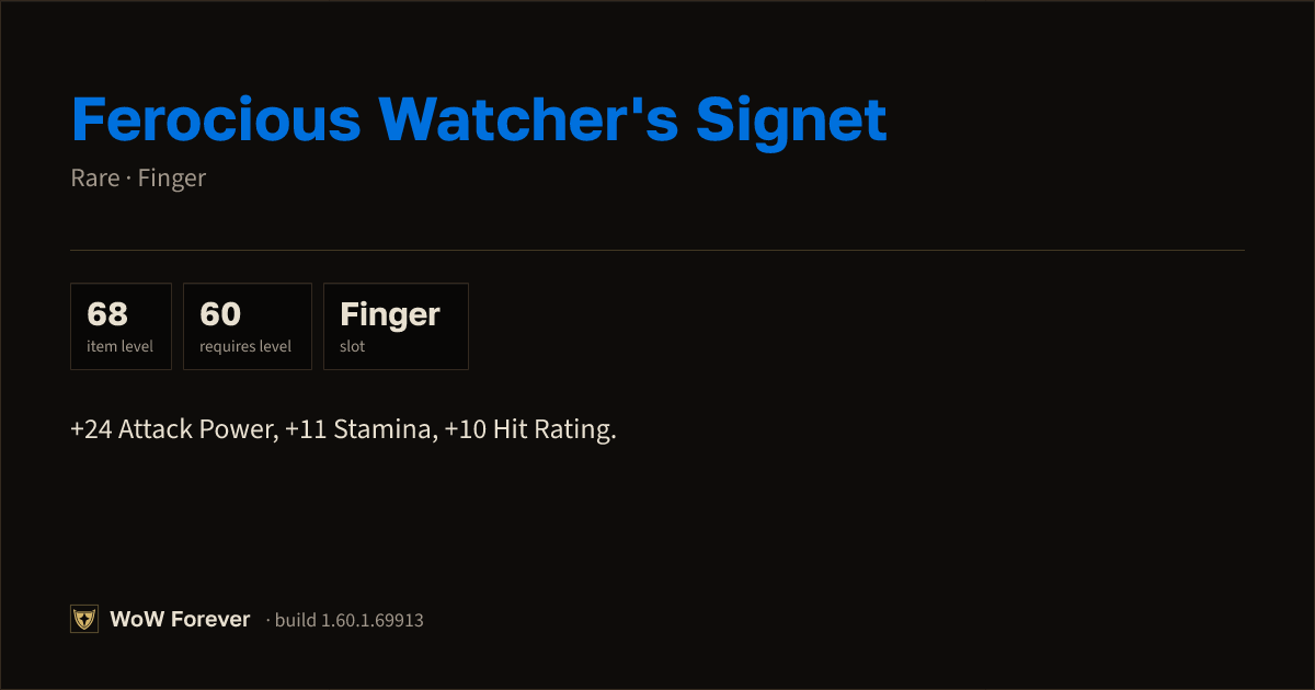 The preview card for Ferocious Watcher's Signet (Item level 68)