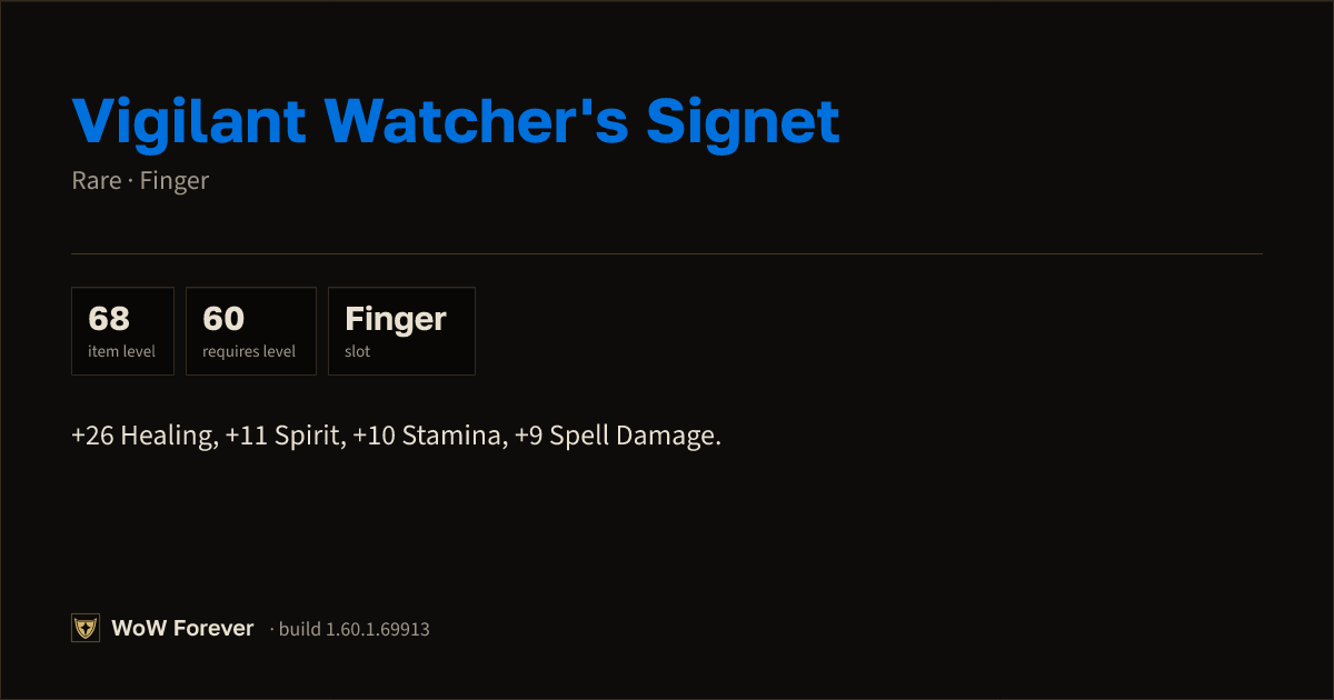 The preview card for Vigilant Watcher's Signet (Item level 68)
