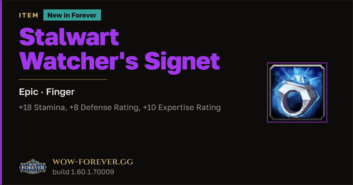 The preview card for Stalwart Watcher's Signet (Item level 65)