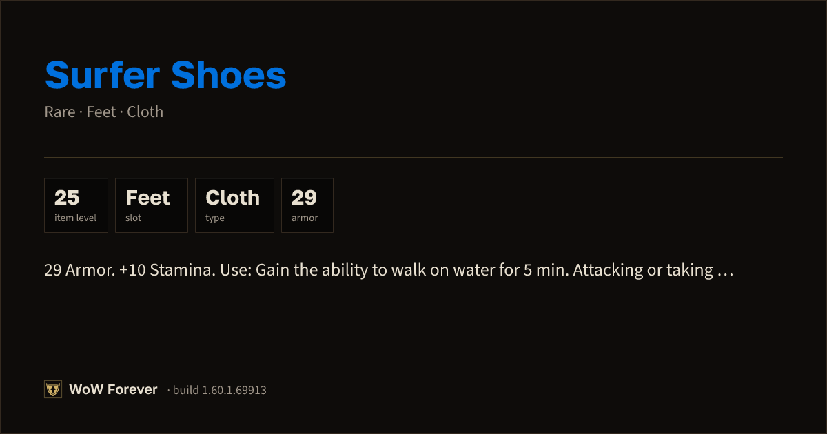 The preview card for Surfer Shoes - Rare Cloth Feet, Item Level 25