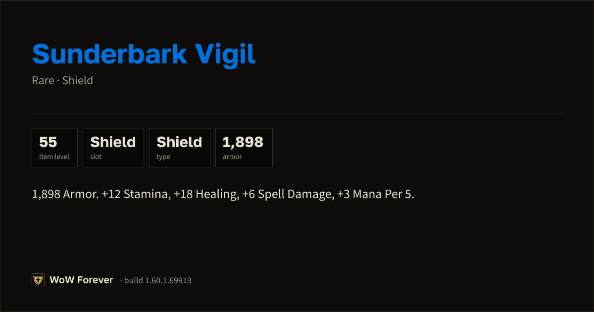 The preview card for Sunderbark Vigil - Rare Shield, Item Level 55