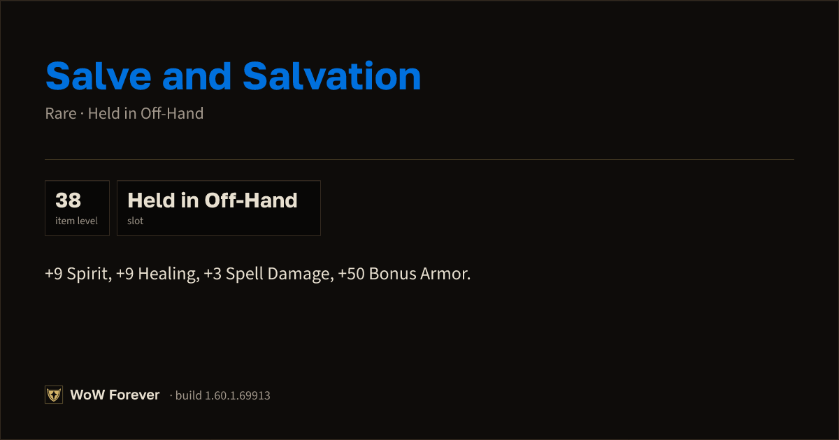 The preview card for Salve and Salvation - Rare Off-Hand Item