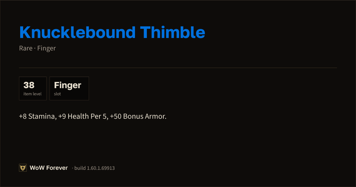 The preview card for Knucklebound Thimble - Rare Ring, Item Level 38