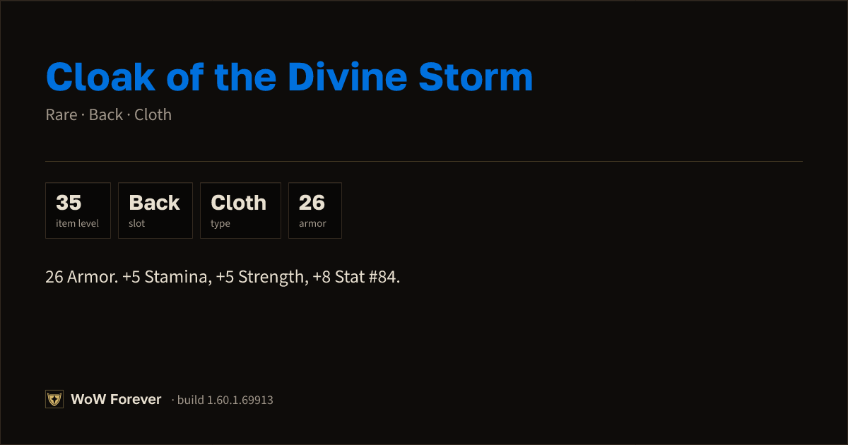 The preview card for Cloak of the Divine Storm - Rare Cloak