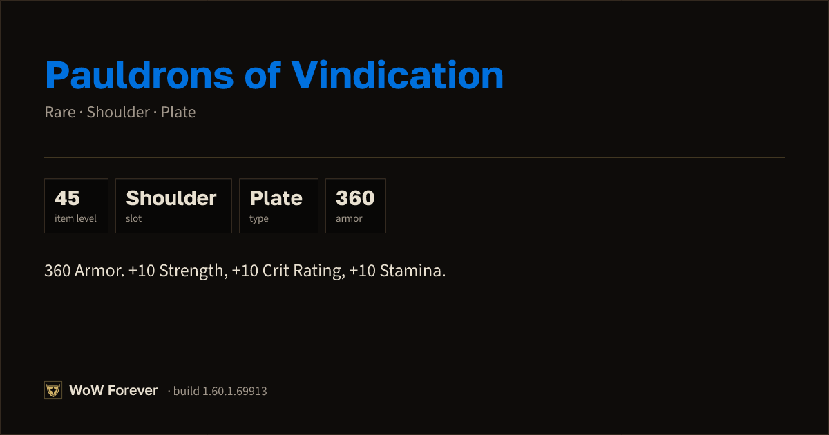 The preview card for Pauldrons of Vindication - Rare Plate Shoulder