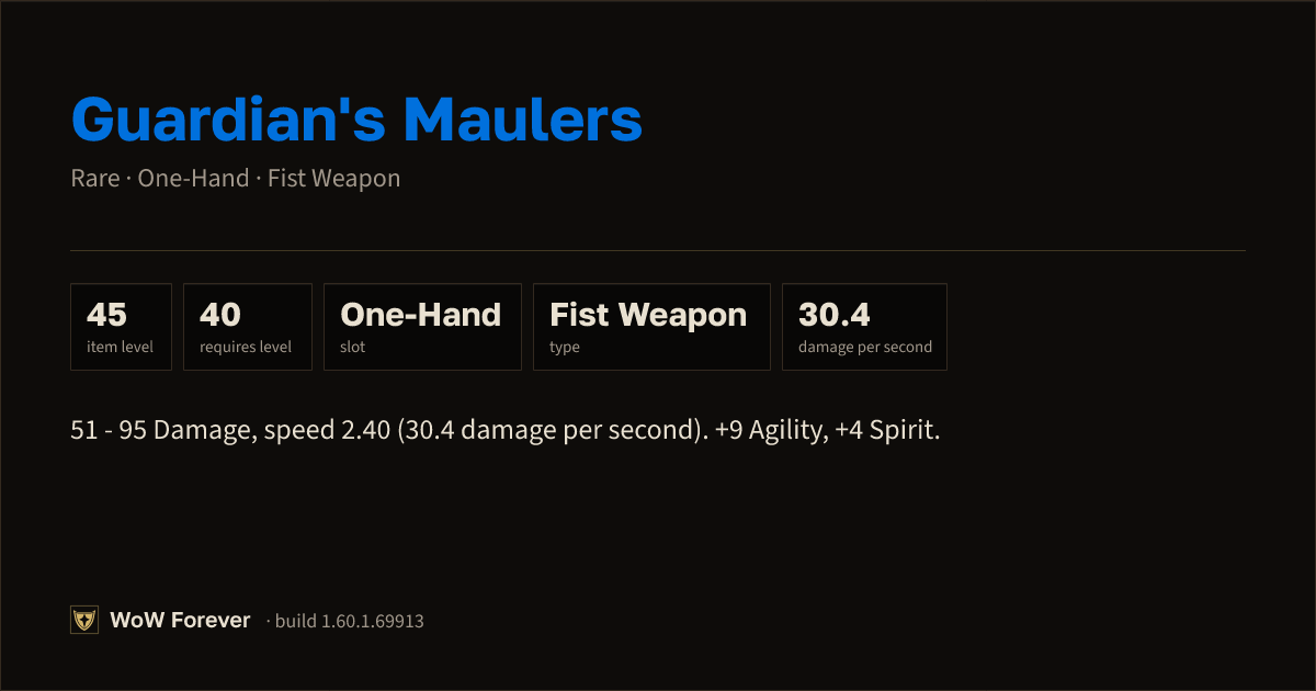 The preview card for Guardian's Maulers - Rare One-Hand Fist Weapon
