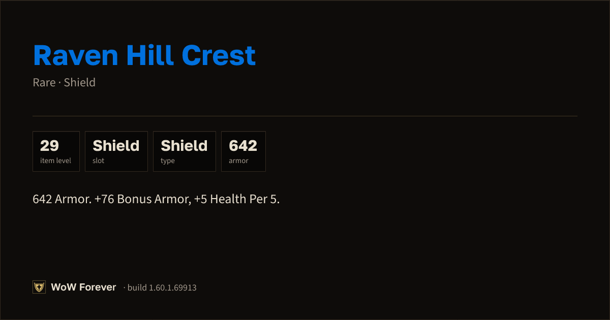 The preview card for Raven Hill Crest - Rare Shield, Item Level 29