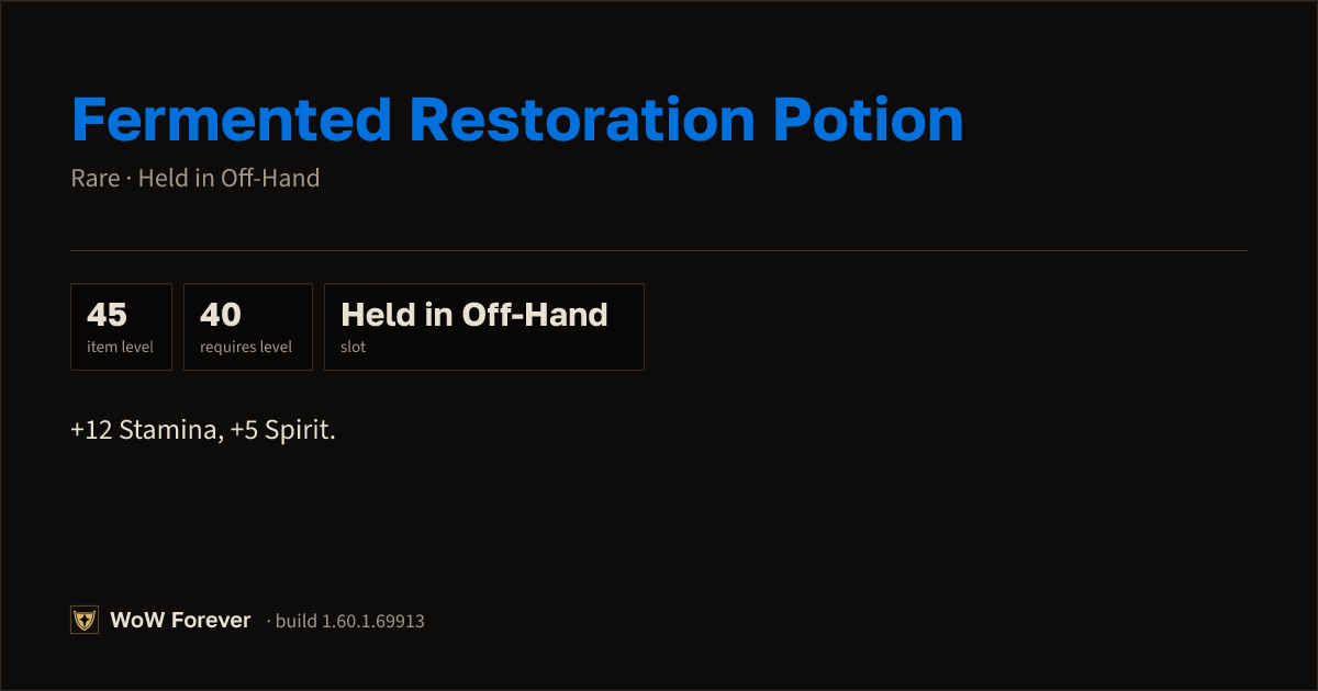 The preview card for Fermented Restoration Potion - Rare Off-Hand Item