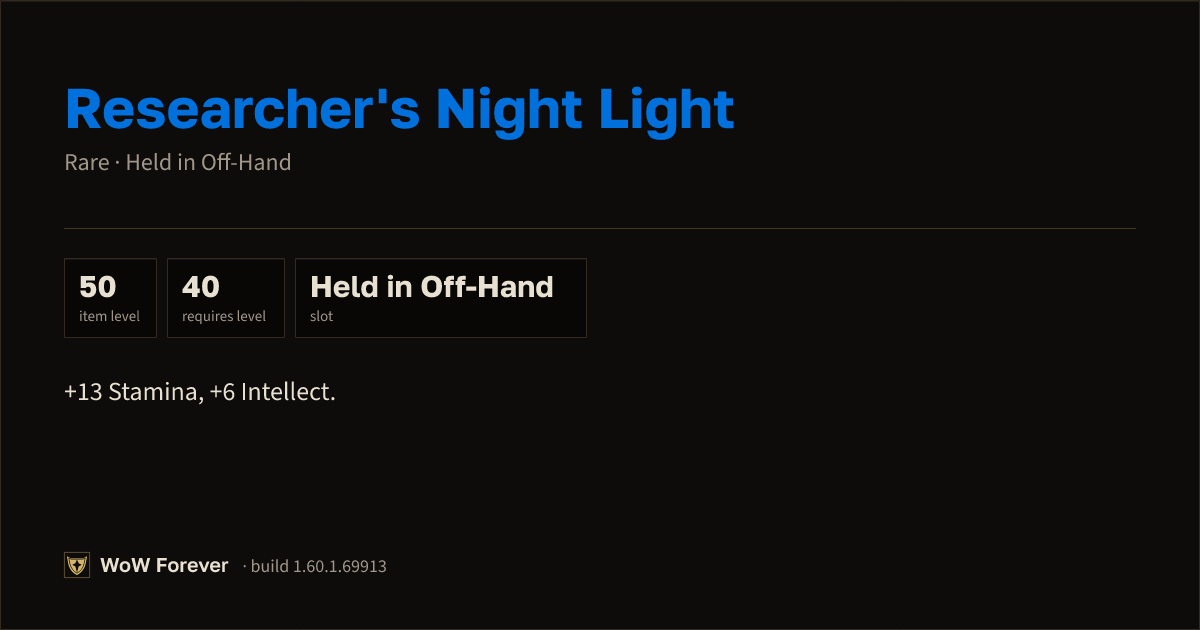 The preview card for Researcher's Night Light - Rare Off-Hand Item