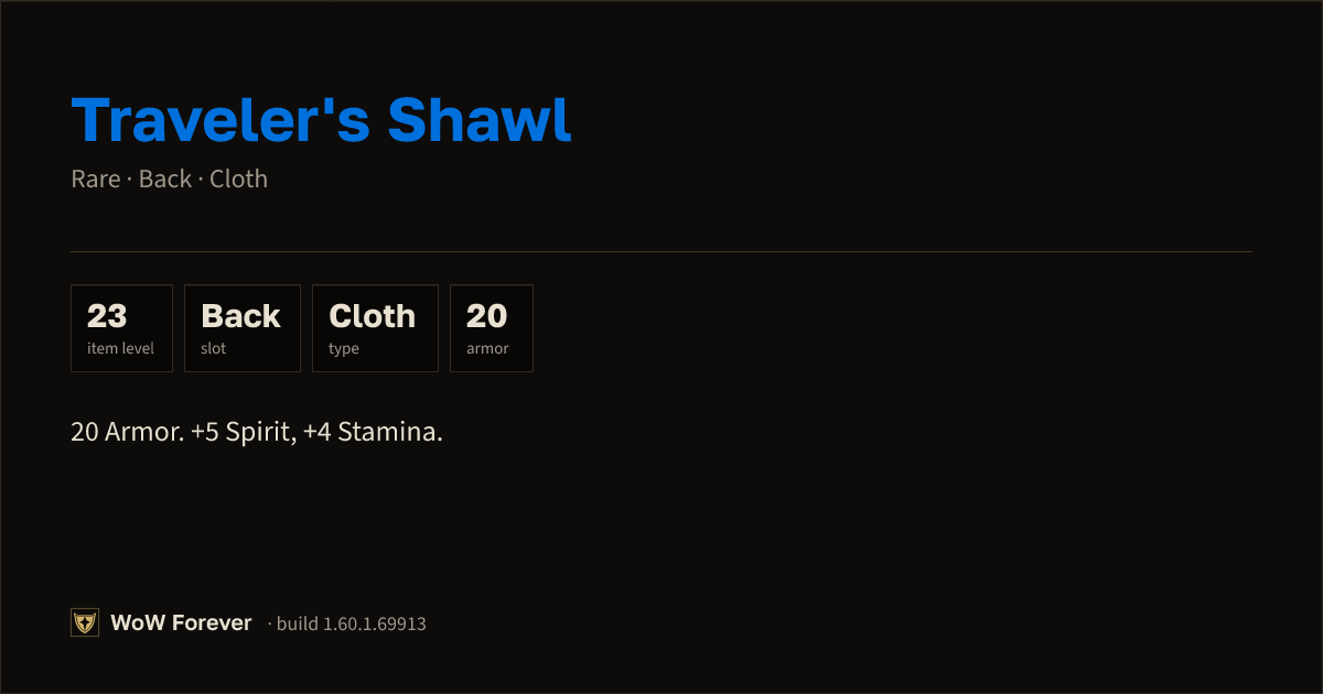 The preview card for Traveler's Shawl - Rare Cloak, Item Level 23