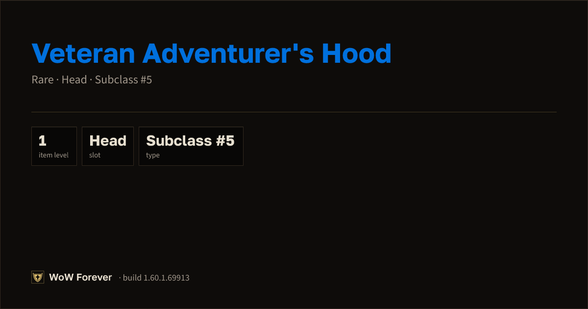 The preview card for Veteran Adventurer's Hood - Rare Head-Slot Item