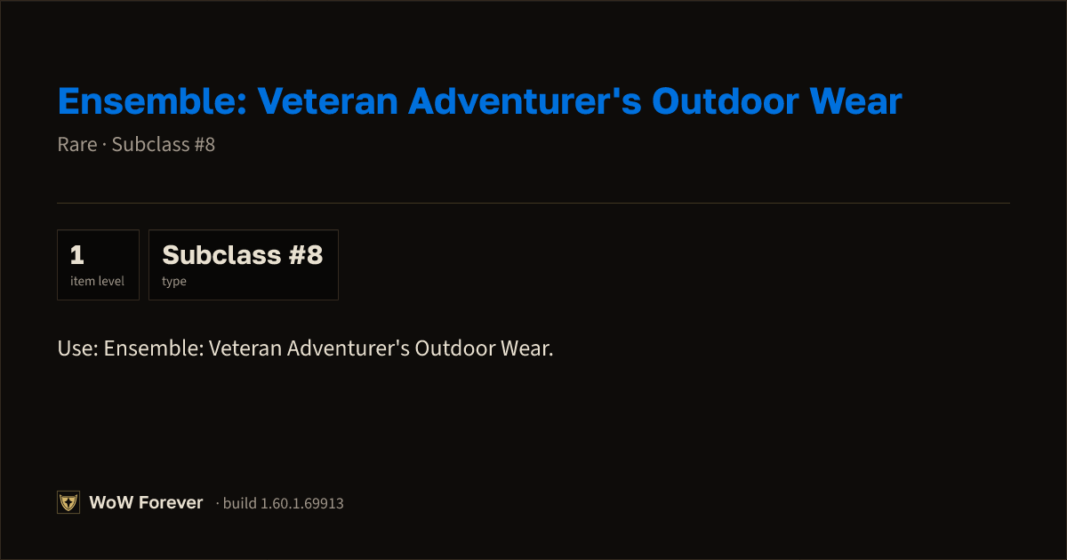 The preview card for Ensemble: Veteran Adventurer's Outdoor Wear - WoW Forever Item