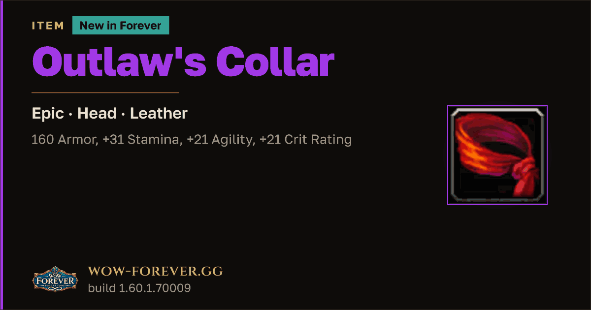 The preview card for Outlaw's Collar - Epic Leather Head, Item Level 65