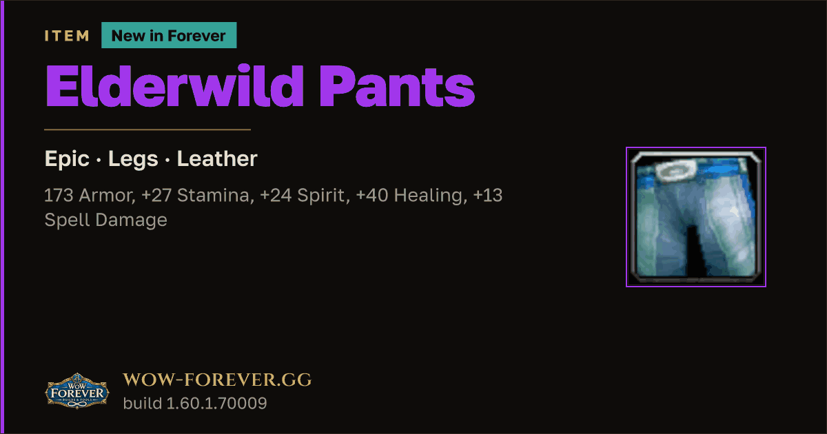 The preview card for Elderwild Pants - Epic Leather Legs, Item Level 65