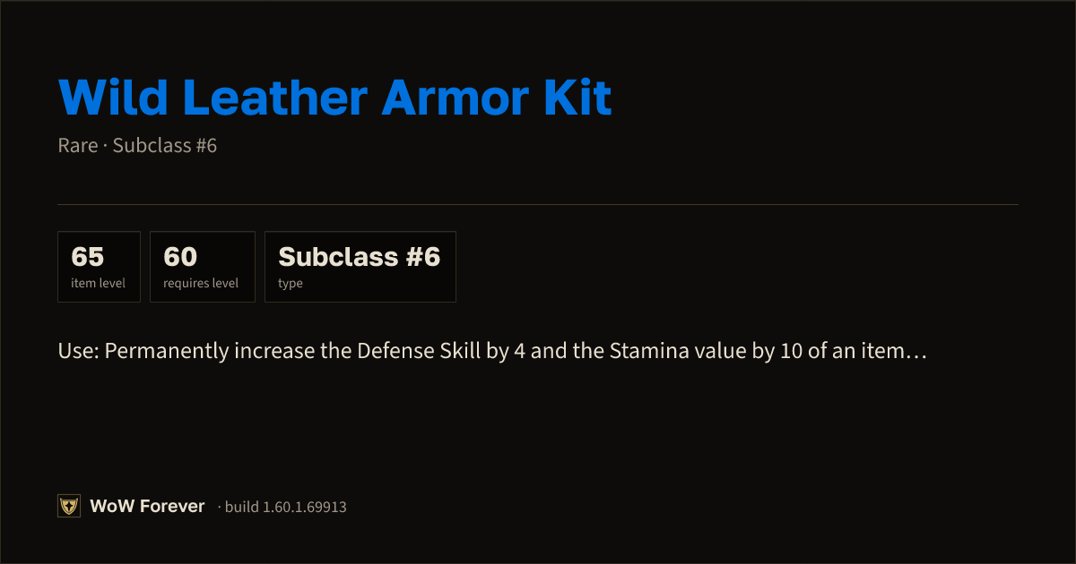 The preview card for Wild Leather Armor Kit - Rare Consumable