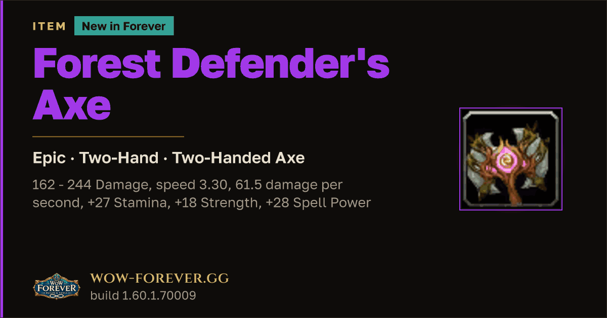 The preview card for Forest Defender's Axe - Epic Two-Hand Axe