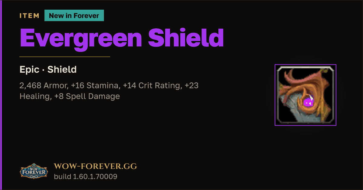 The preview card for Evergreen Shield - Epic Shield, Item Level 65