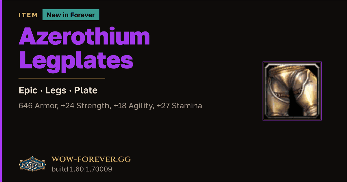 The preview card for Azerothium Legplates - Epic Plate Legs