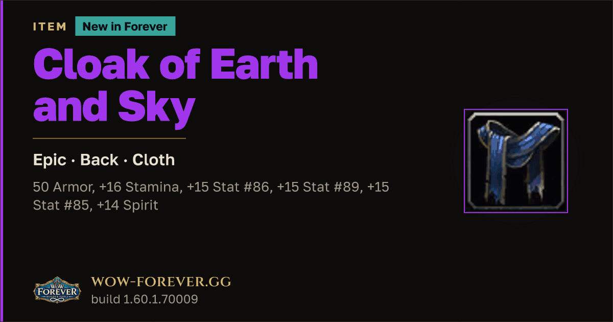 The preview card for Cloak of Earth and Sky - Epic Cloak, Item Level 65