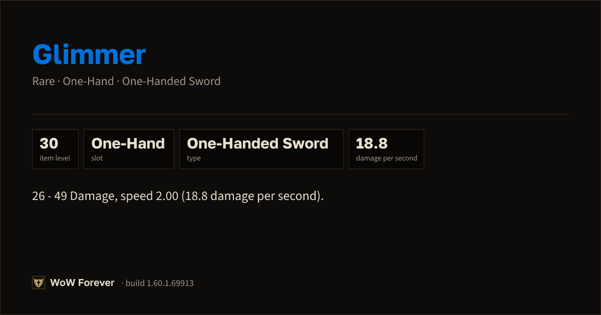 The preview card for Glimmer - Rare One-Hand Sword, Item Level 30